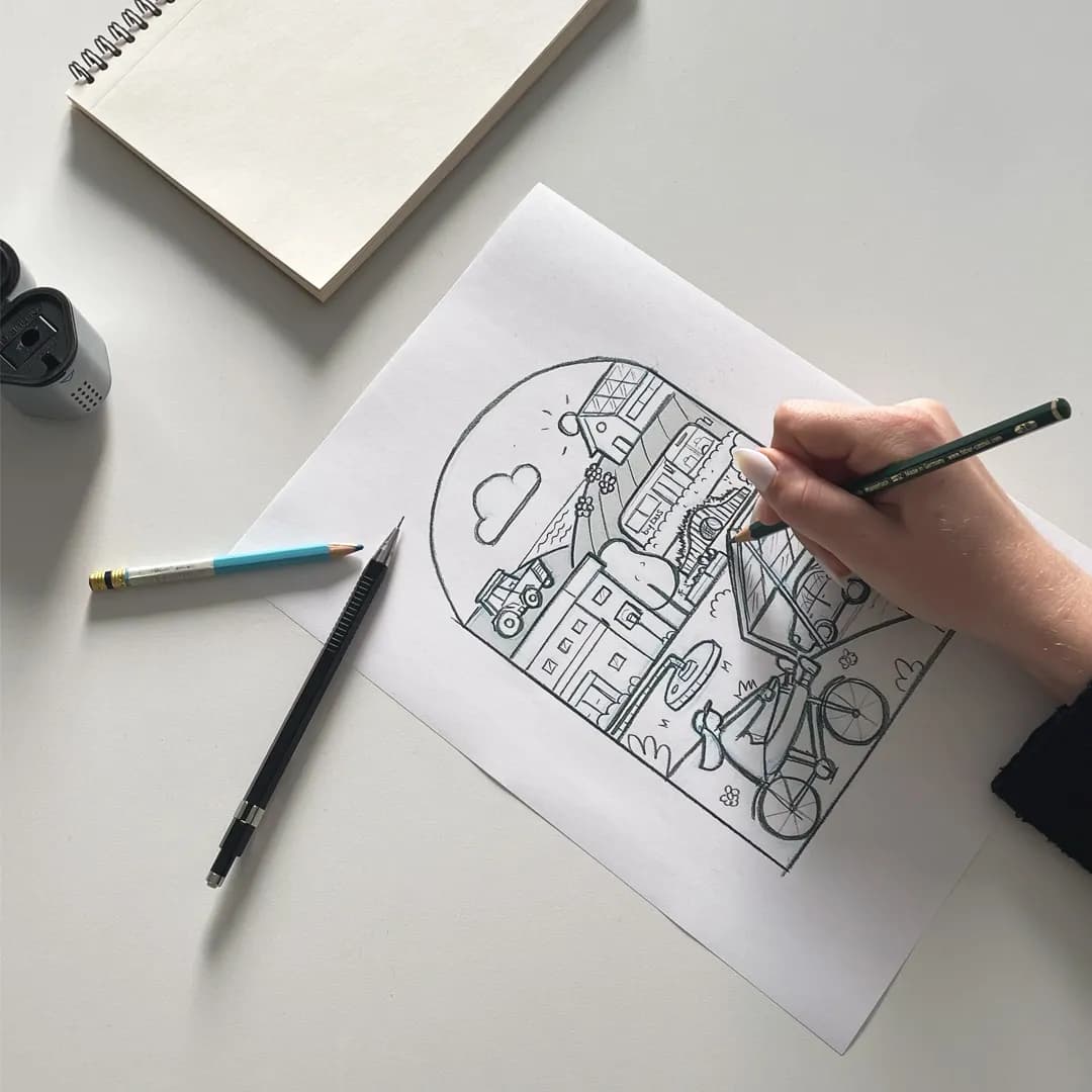 Croquis de recherche creative dessines a la main dans l'atelier Unik Studio
